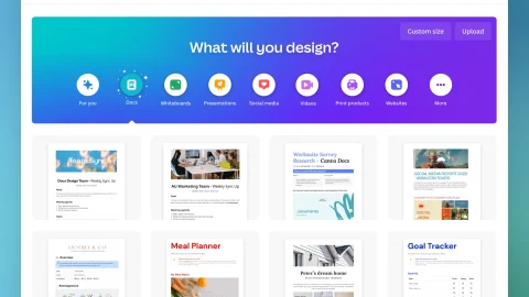 interface de canva avec les exemples de documents